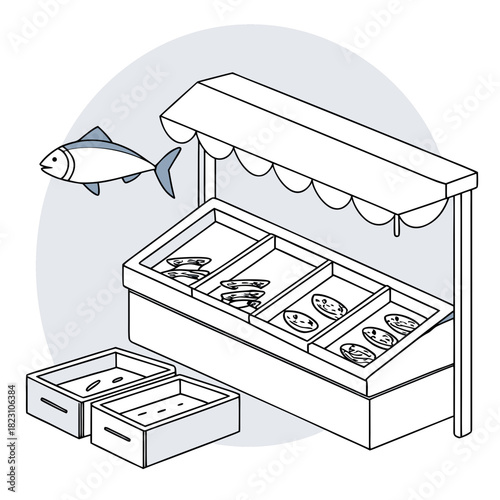 A stylized illustration of a fish market stall displaying fresh seafood in chilled compartments with two empty crates nearby and a swimming fish above