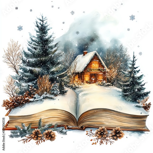 open book with christmas winter story watercolor illustration   high resolution   for isolate image