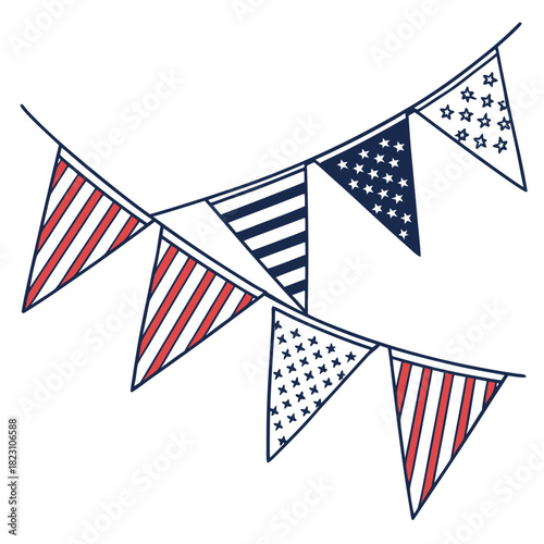 Festive american flag themed triangular bunting flags in red white and blue with stars and stripes patterns strung together on a white background for celebrations
