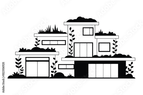 Black and white graphic illustration of a modern multi-level house with rooftop gardens and plants home