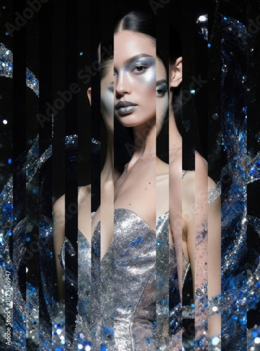 A model in a shimmering silver gown stands amidst a dark, glittering backdrop, her face adorned with artistic blue makeup for a futuristic, high-fashion look.