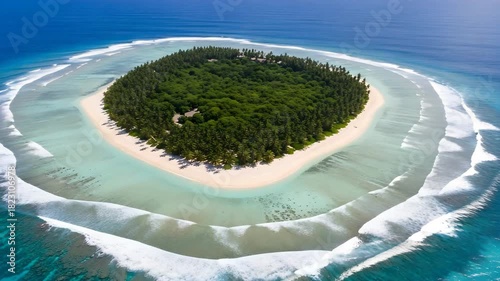 Aerial view of tropical island paradise surrounded by turquoise ocean water
