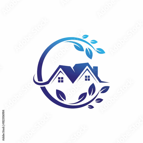 Real Estate Logo Featuring Green Homes with Leafy Accents Symbolizing Eco-Friendly Living
