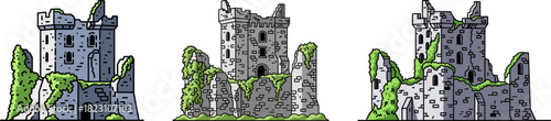 Three illustrations of medieval castles with moss and vines growing on the stones, showcasing a unique design on a transparent background.