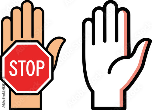A hand with a red stop sign on the palm gesturing to halt or stop, isolated on a white background, featuring a detailed illustration with clear contrasting colors.