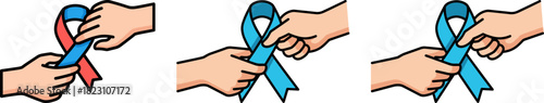 Two hands tying a red ribbon and a blue ribbon together in solidarity for awareness on a black background, symbolizing support for health or social issues, on a transparent background