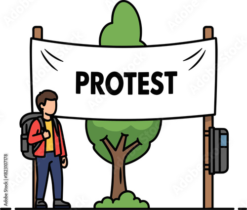 Individual holding a sign that reads 'PROTEST' while standing next to a tree on a black background, emphasizing the theme of activism and social change in a graphic style