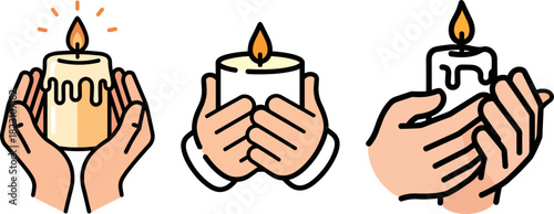 Three hands holding different candles: one with a dripping effect, another plain white, and the last one with a twisted design, on a transparent background