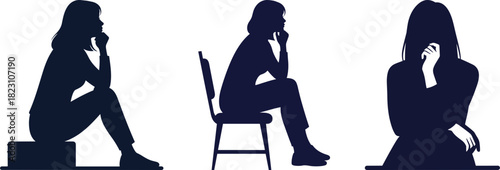 Silhouettes of a thoughtful young woman sitting and pondering in various poses, isolated on a transparent background, expressing contemplation and introspection in a minimalist style.