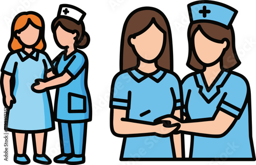Two female healthcare professionals discussing patient care in a medical setting, wearing scrubs, showing concern and empathy, on a transparent background