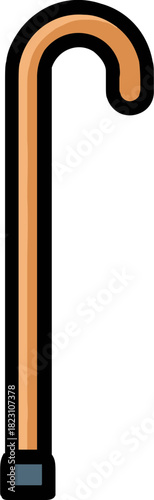 An illustration of a walking cane or stick isolated on a transparent background, designed with a curved handle, in a minimalist style with a smooth finish.