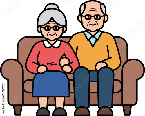 Elderly couple sitting on a couch at home, smiling together, showcasing love and companionship, isolated on a transparent background, cartoon style illustration