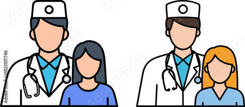 Two medical professionals standing with patients in a healthcare setting, showcasing diverse uniforms and stethoscopes, isolated on a transparent background for clarity.