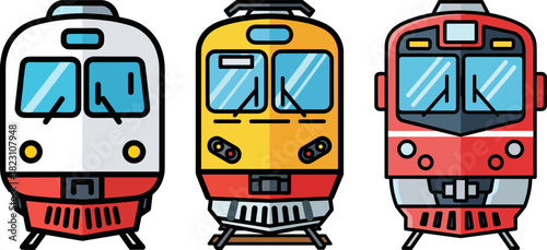 Three cartoon style trains facing forward in vibrant colors featuring red, yellow and white on a transparent background isolated for creative use and design purposes.