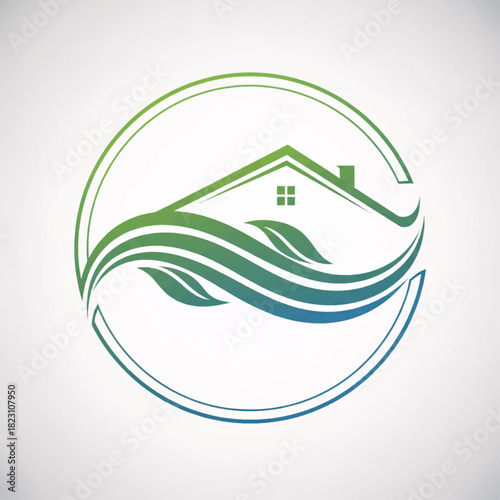 Eco-Friendly Home Design A Circular Logo Featuring a House, Leaves, and Sustainable Living Elements