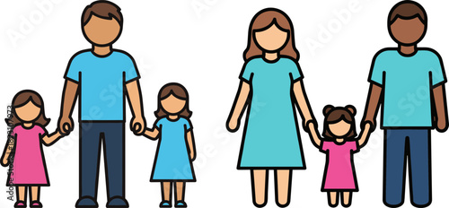 Family with two parents and two daughters smiling together in matching blue and pink outfits on a transparent background