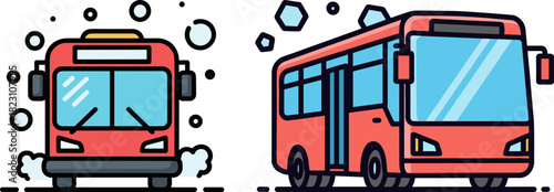 Two red buses, one in snowfall and one parked, showcasing different views and settings on a transparent background