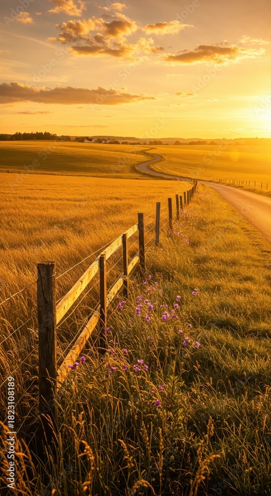 Obraz premium Golden Path of Serenity: A scenic countryside road, flanked by a rustic wooden fence and vast golden fields, winds its way into the distance under the warm, radiant glow of the setting sun.