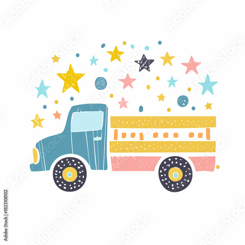 A whimsical blue cartoon truck carrying a load of colorful stars and dots, illustrated in a playful, textured style.