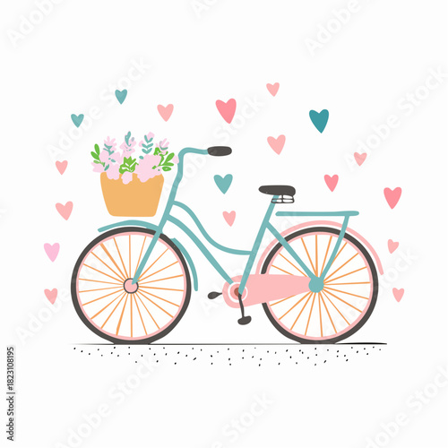 A charming illustration of a light blue bicycle with a flower basket and scattered pink and blue hearts.