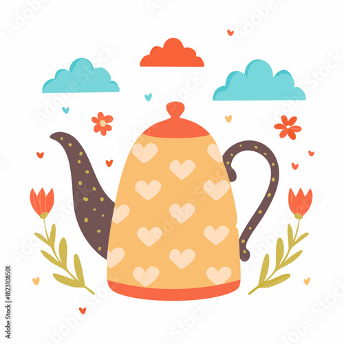 A whimsical illustration of a yellow teapot adorned with hearts, surrounded by colorful flowers, leaves, and fluffy clouds.