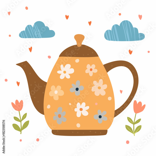 A charming illustration of a floral teapot surrounded by whimsical clouds, hearts, and blooming flowers, set against a white background.