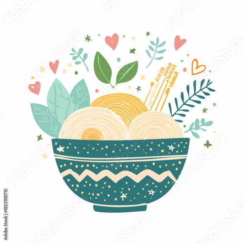 A whimsical illustration of a decorative bowl filled with yarn, knitting needles, leaves, and hearts, representing a cozy crafting hobby.