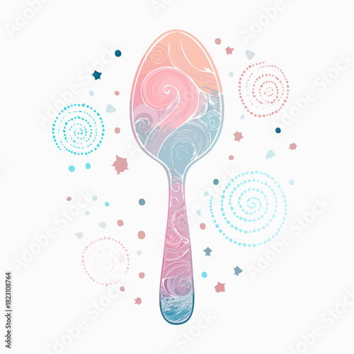 A whimsical illustration of a spoon with swirling pastel patterns, surrounded by decorative dots and stars.