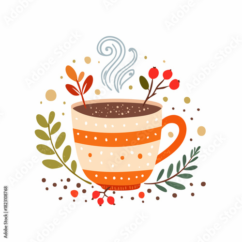A cozy illustration of a steaming cup of hot beverage adorned with autumn leaves and red berries, set against a white background.