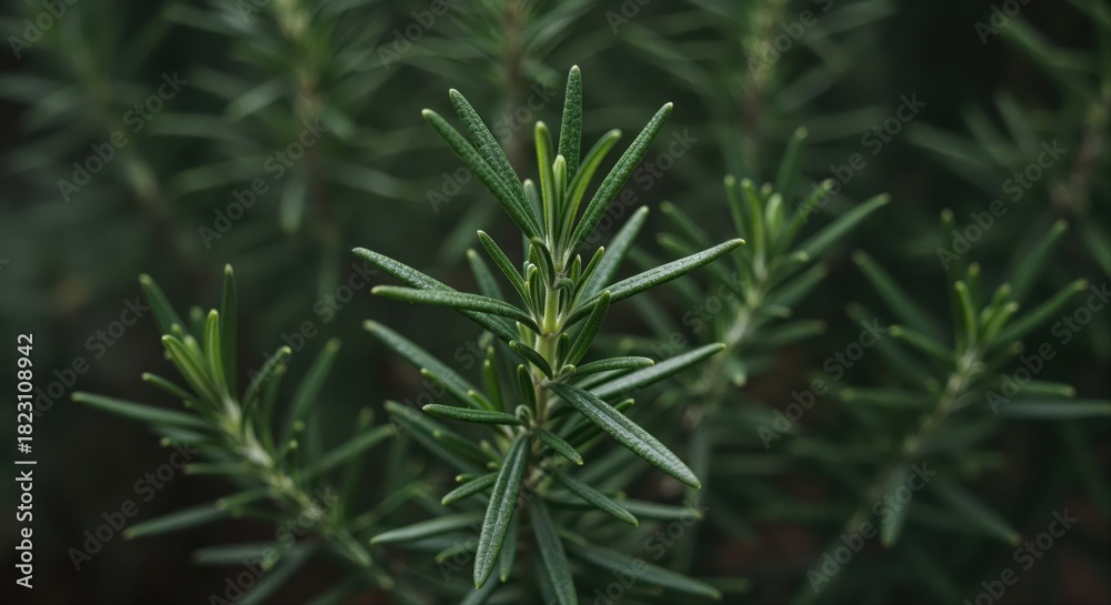Fototapeta premium Rosemary in Close-Up: A detailed, vibrant portrayal of a fresh rosemary plant. Capturing its aromatic essence and intricate texture of green leaves