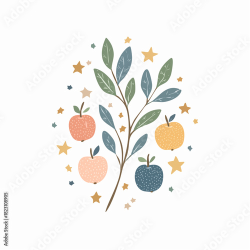 Whimsical illustration of a branch with colorful apples and scattered stars on a white background, in a charming flat design style.
