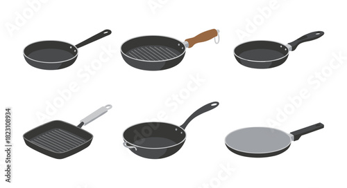 Different types of cooking fry pans and grill skillets