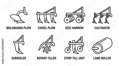 Agricultural implements icons set. land cultivation tools. farm machinery collection. plow, harrow, tiller