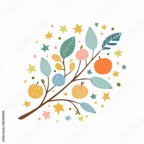 A whimsical illustration of a tree branch with colorful leaves, apples, berries, and scattered stars on a white background.