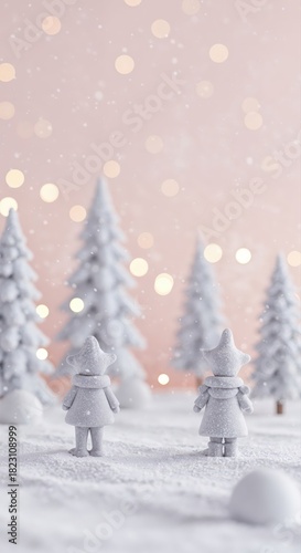 Winter Wonderland Whimsy: Miniature figures wander through a snow-covered forest of white trees, framed by soft bokeh lights, evokes a sense of charm and holiday magic.
