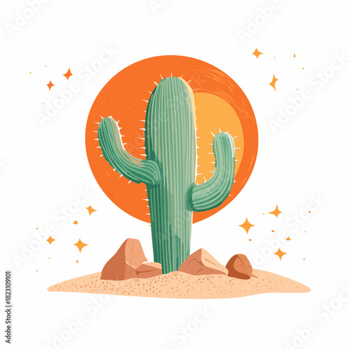 Stylized desert landscape with a tall saguaro cactus, orange sun, and scattered rocks on sandy ground.