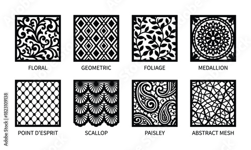 Assorted decorative patterns for screens and laser cutting including floral, geometric, and scallop.