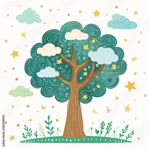 A whimsical illustration of a magical tree with swirling green leaves, surrounded by fluffy clouds, twinkling stars, and scattered dots on a light background.