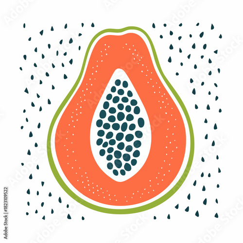 A vibrant, stylized illustration of a halved papaya fruit with orange flesh, green skin outline, and dark seeds, set against a speckled white background.