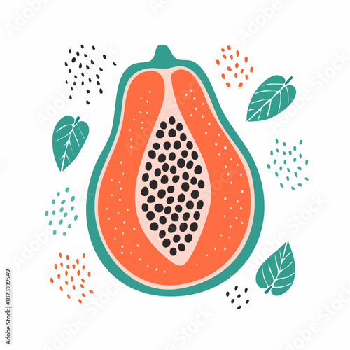 A stylized illustration of a halved papaya fruit with orange flesh and black seeds, surrounded by teal leaves and scattered dots on a white background.