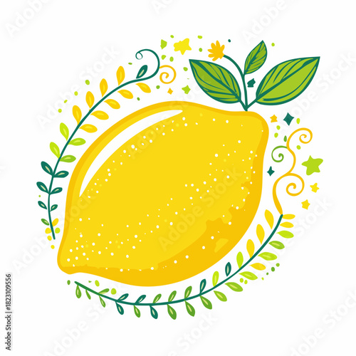 A vibrant yellow lemon illustration with green leaves and decorative swirls on a white background.