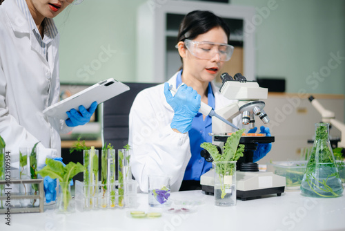 Scientist team testing food samples in lab with microscope, vegetables,  for safety, nutrition, and biotechnology
