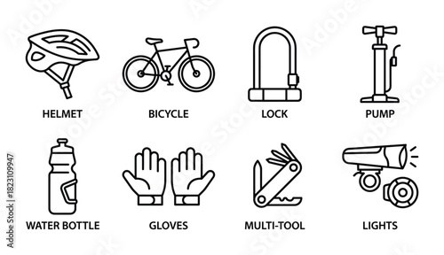 Bicycle accessories such as helmet, bottle, pump, and multi-tool. Cycling gear outline collection