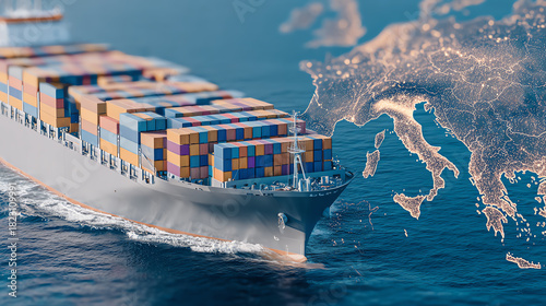 A cargo ship filled with colorful containers navigates the ocean, showcasing the vital role of maritime transport in global trade.
