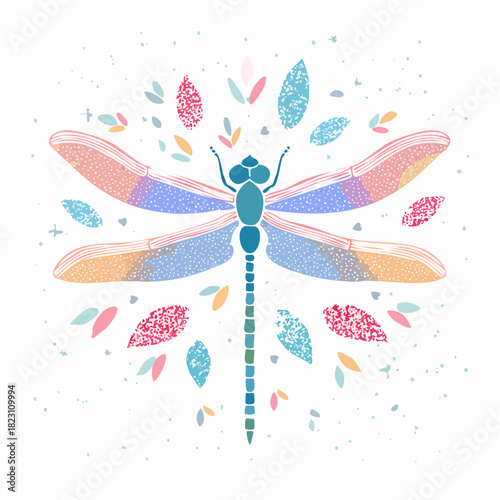 Stylized colorful dragonfly illustration with speckled wings and decorative leaf elements on a white background.