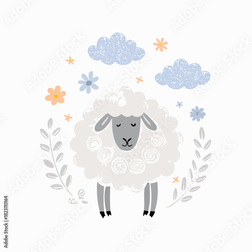 Cute cartoon sheep illustration with fluffy wool, surrounded by whimsical clouds, flowers, and leaves in a soft pastel color palette.