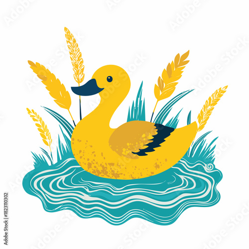 Cute yellow duck swimming in a pond surrounded by golden reeds, a charming illustration.
