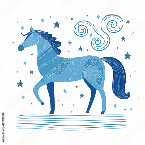 A stylized blue horse with intricate patterns and a flowing mane stands amidst stars and swirling designs.