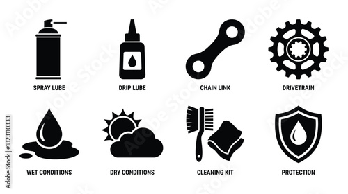 Bicycle chain maintenance features spray lube, drip lube, chain link, and drivetrain.