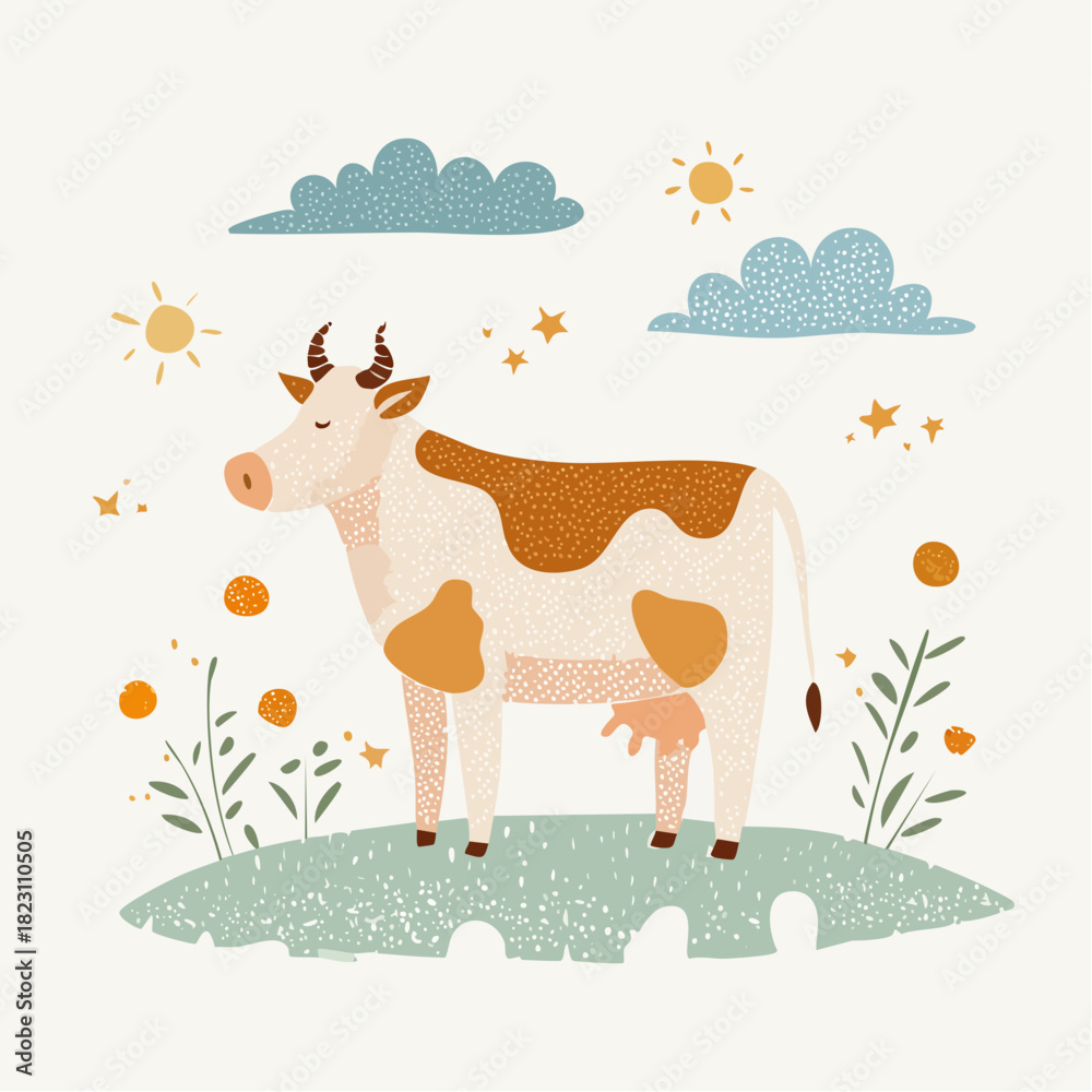 Fototapeta premium Cute cartoon cow with brown spots standing in a green field under a sunny sky with clouds and stars, surrounded by simple flowers and plants.